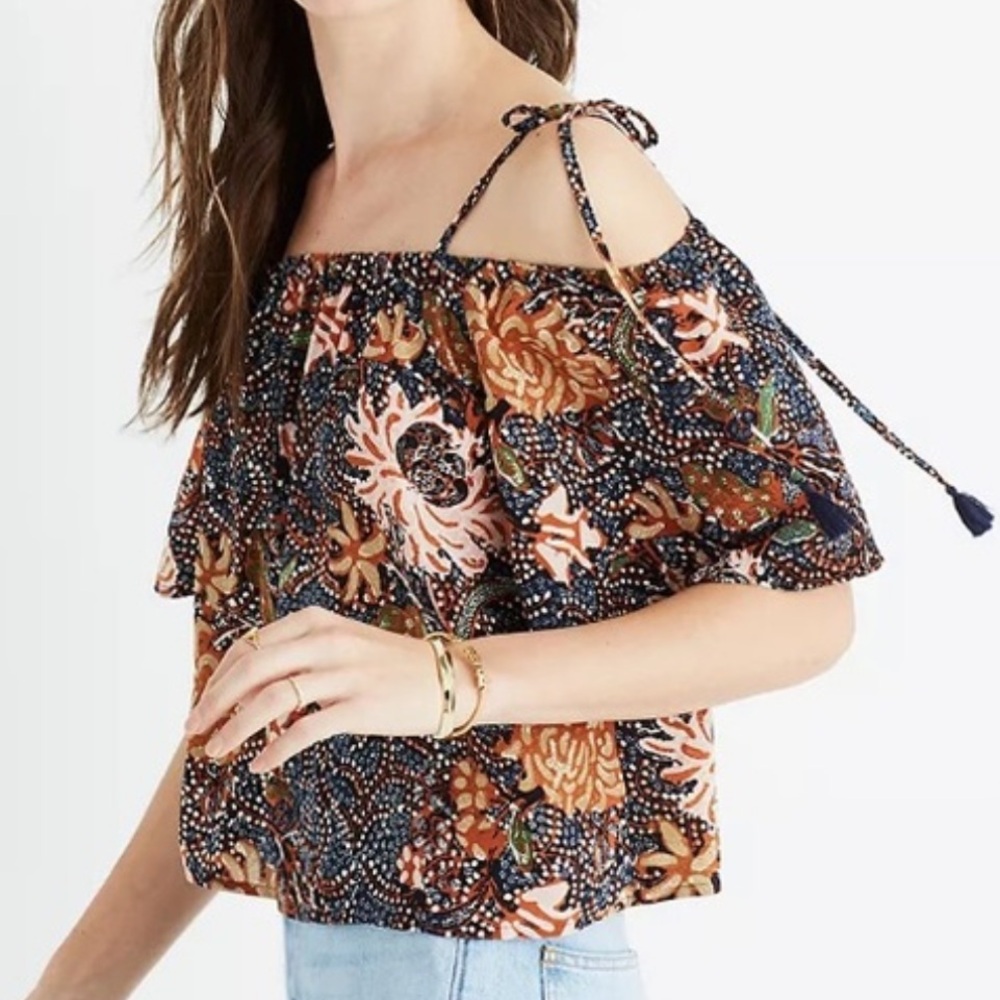 Madewell Silk Cold Shoulder Tie Tassel Straps Sea Floral Crop Top Blouse XS